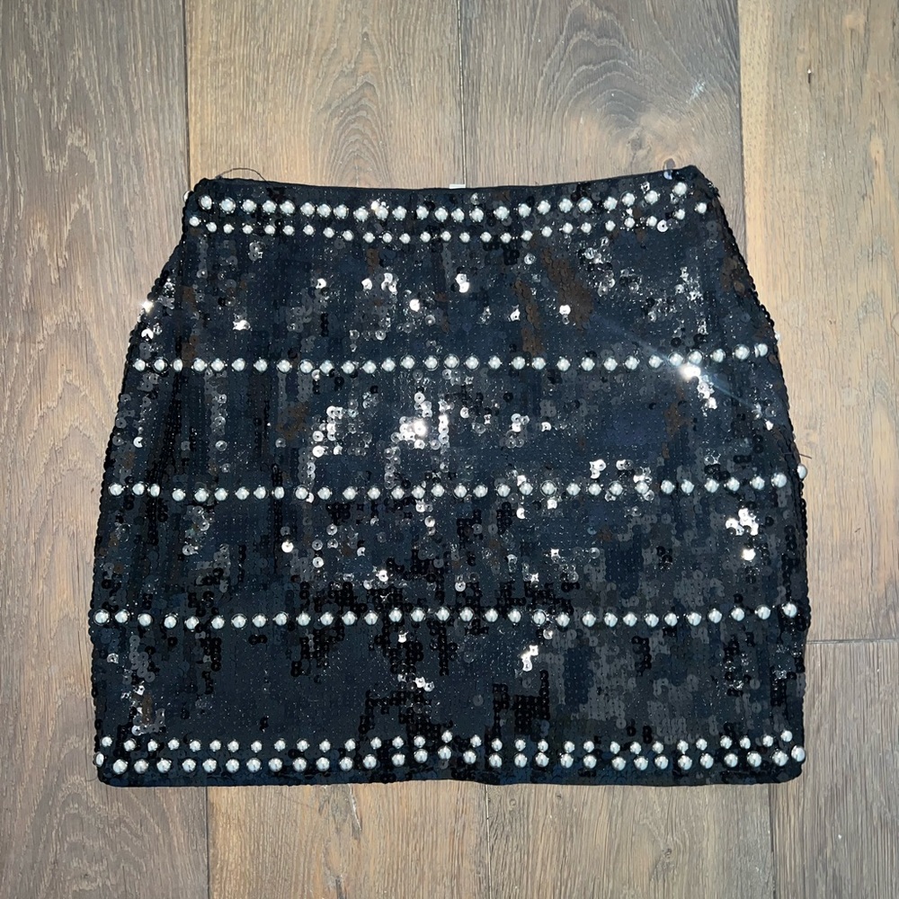 Sparkly Black Embroidered Mini Skirt w Silver Bead